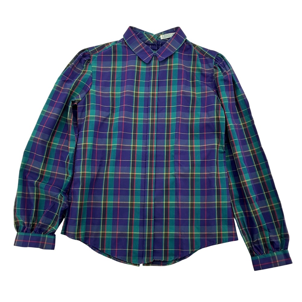 80s Foxcroft Blouse Womens 6 Purple Green Tartan Plaid Back Button Puffy Sleeve